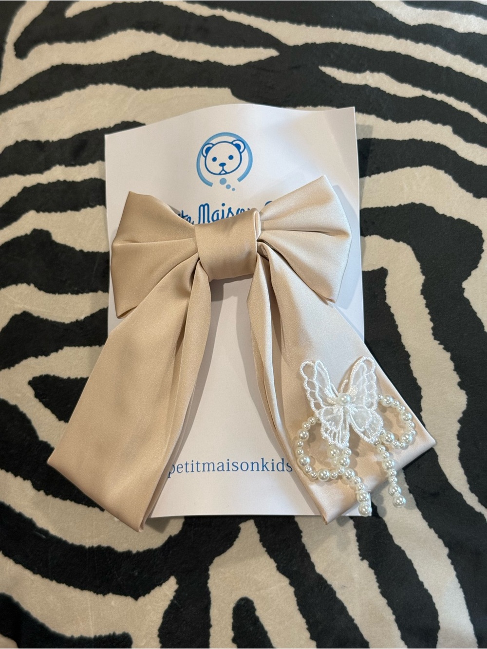 Beige Satin Bow Hair Clip with Pearl Butterfly Accent - Petit Maison Kids NEW!